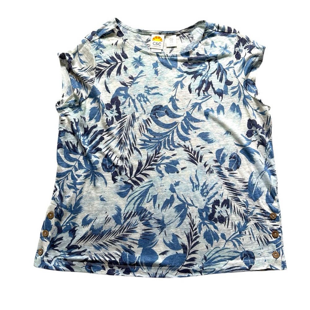 C&C California 100% Linen Floral Top Blue/White Size M